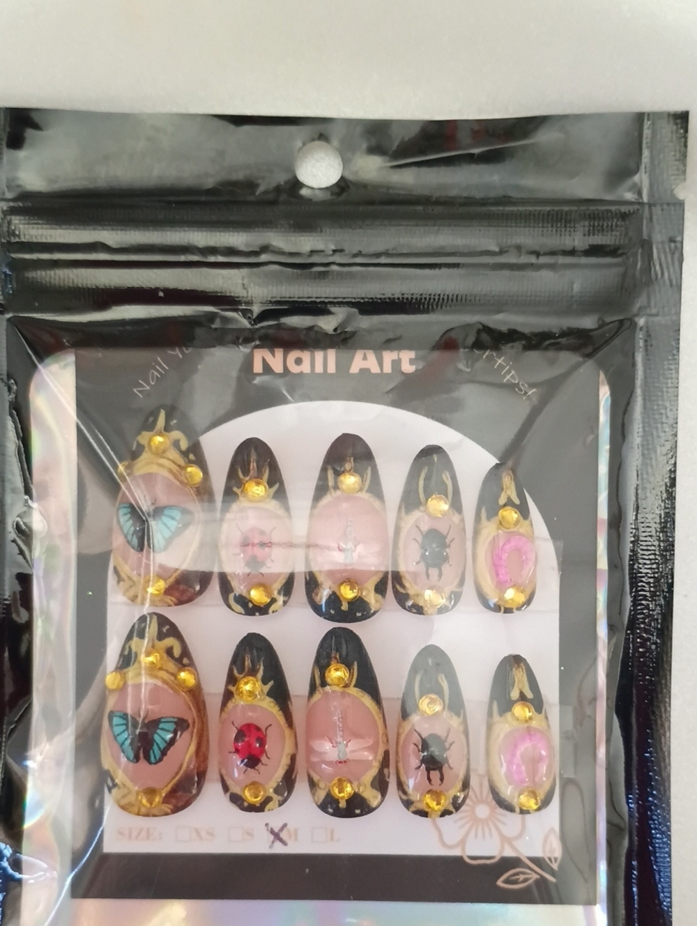 Decorative Press-On Nail Set by  – Black and Pink with Gold Accents
